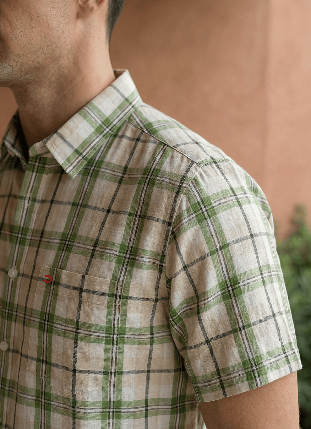 Green Cotton Dobby Checks Slim Fit Half Sleeve Shirt