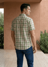 Green Cotton Dobby Checks Slim Fit Half Sleeve Shirt