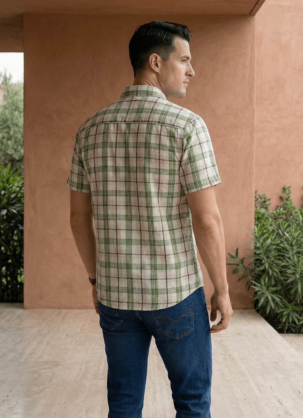 Green Cotton Dobby Checks Slim Fit Half Sleeve Shirt