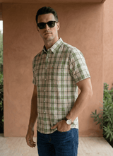 Green Cotton Dobby Checks Slim Fit Half Sleeve Shirt