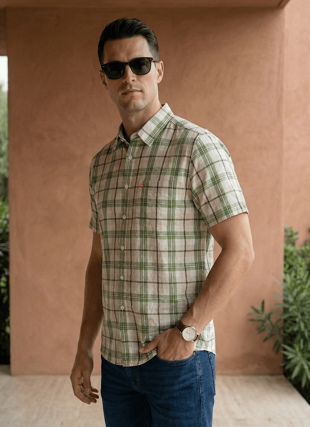 Green Cotton Dobby Checks Slim Fit Half Sleeve Shirt