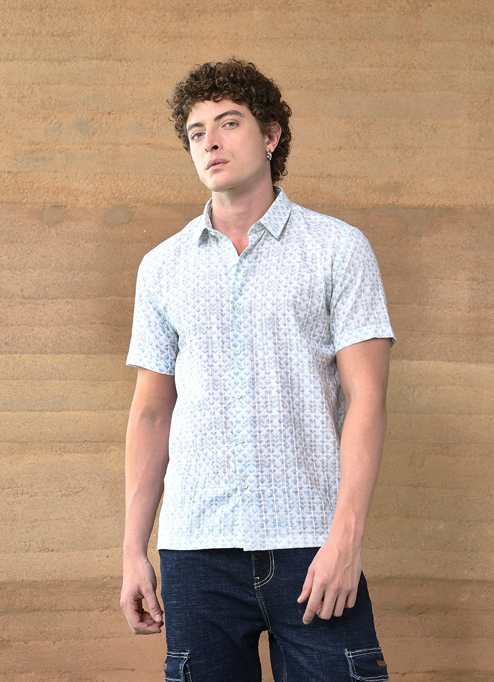 Teal Print Amslar Cotton Slim Fit Shirt