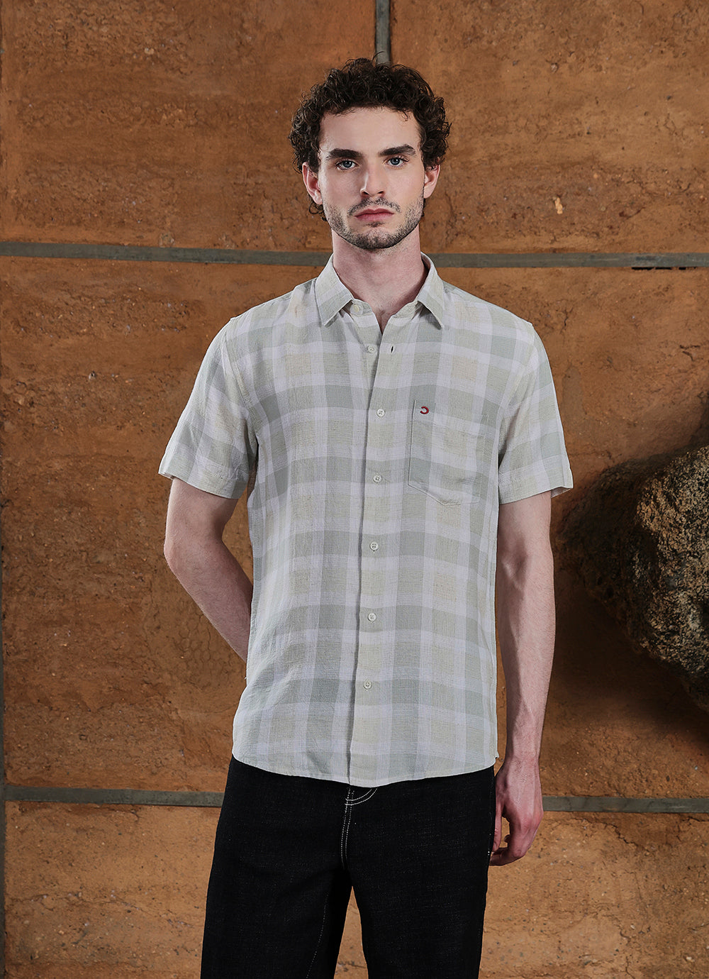 Green Checks Linen Blend Regular Fit Shirt