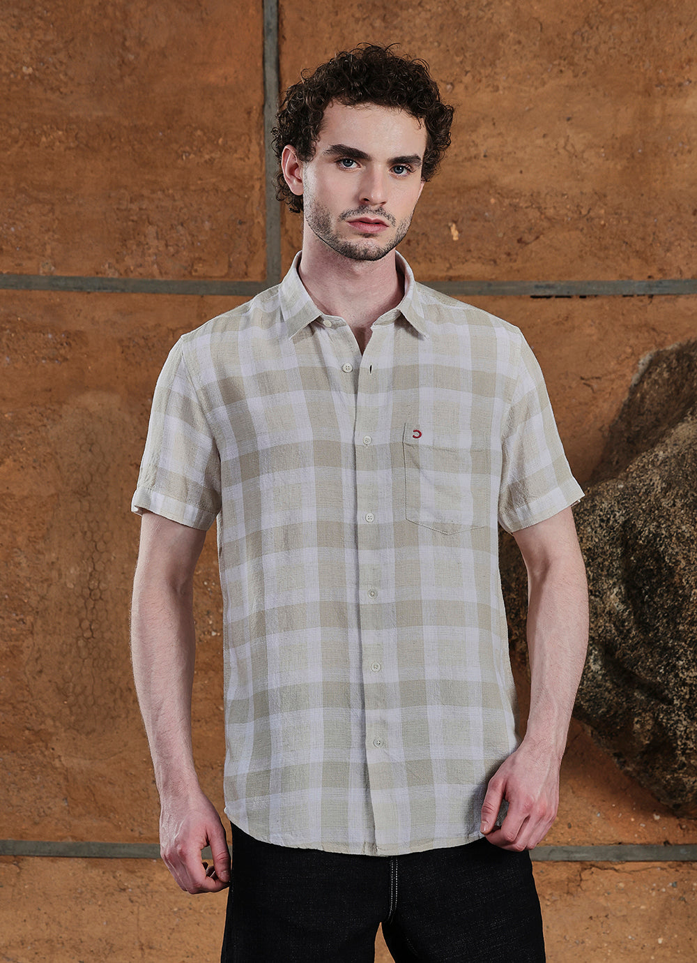 Stone Checks Linen Blend Regular Fit Shirt