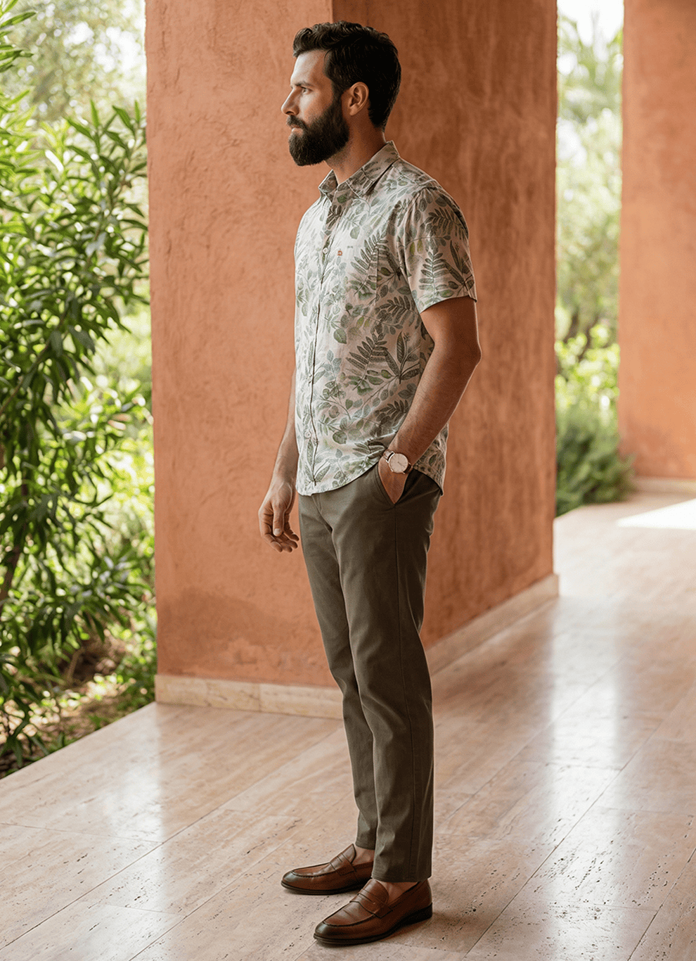 Olive Natural Linen Print Cotton Slim Fit Half Sleeve Shirt