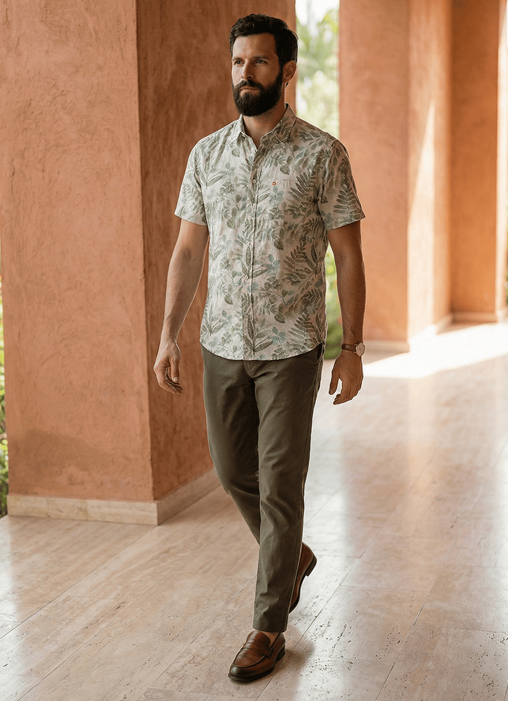 Olive Natural Linen Print Cotton Slim Fit Half Sleeve Shirt