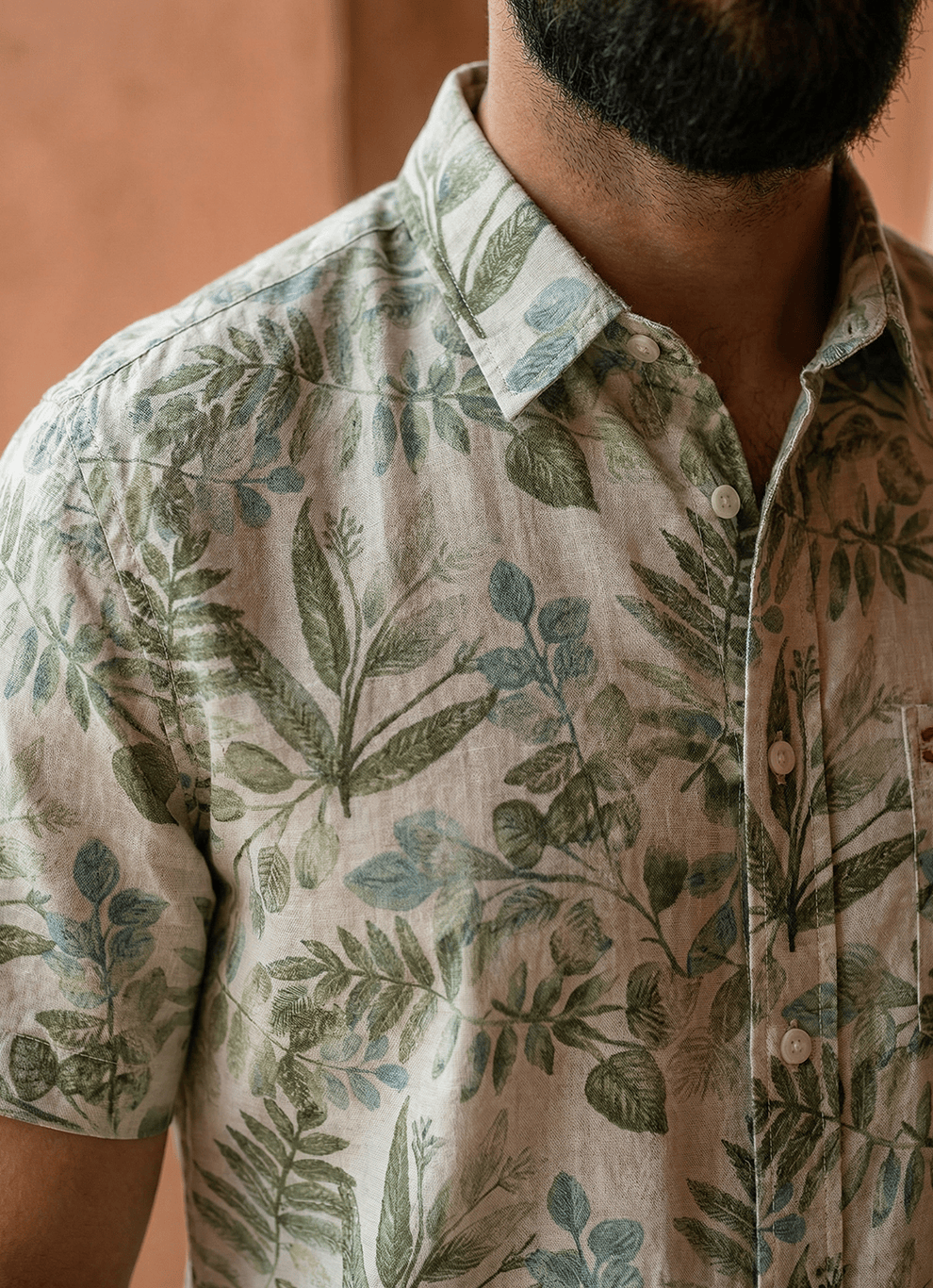 Olive Natural Linen Print Cotton Slim Fit Half Sleeve Shirt