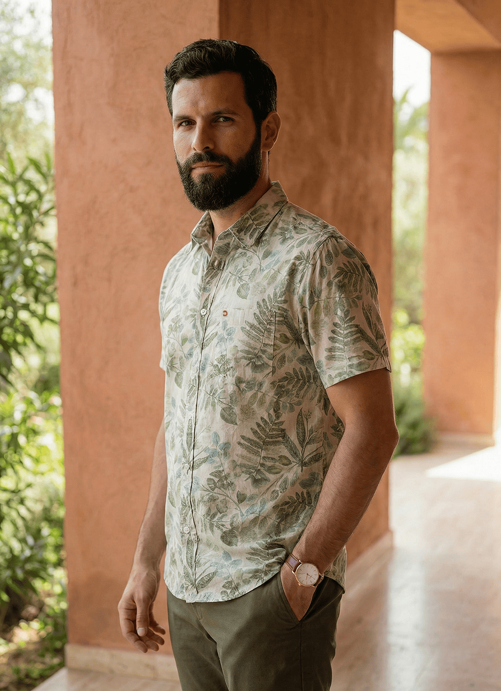 Olive Natural Linen Print Cotton Slim Fit Half Sleeve Shirt