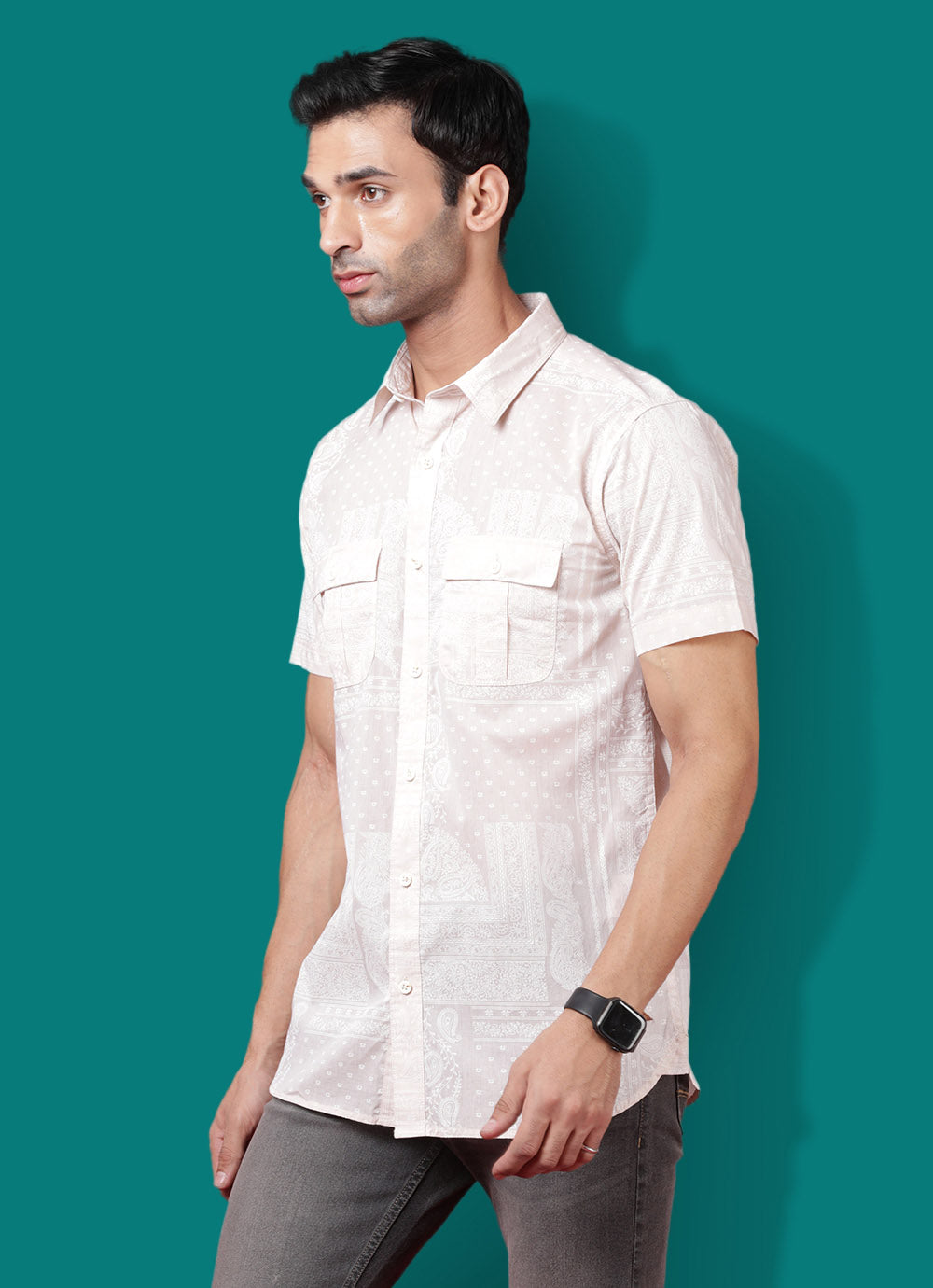 Beige Print Cotton Blend Slim Fit Shirt