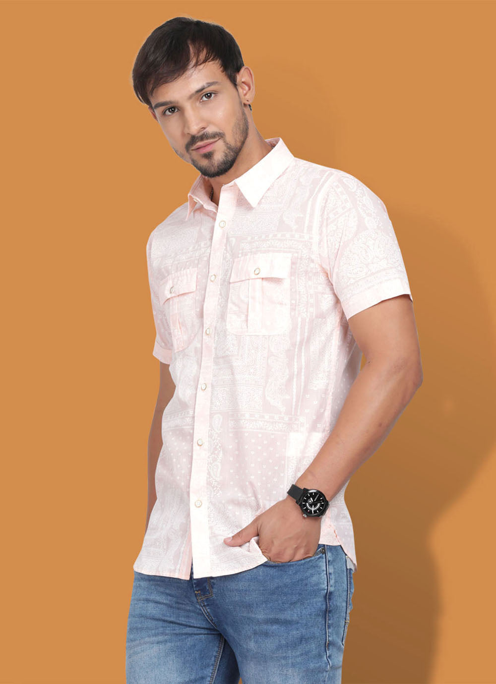 Print Slim Fit Orange Shirt