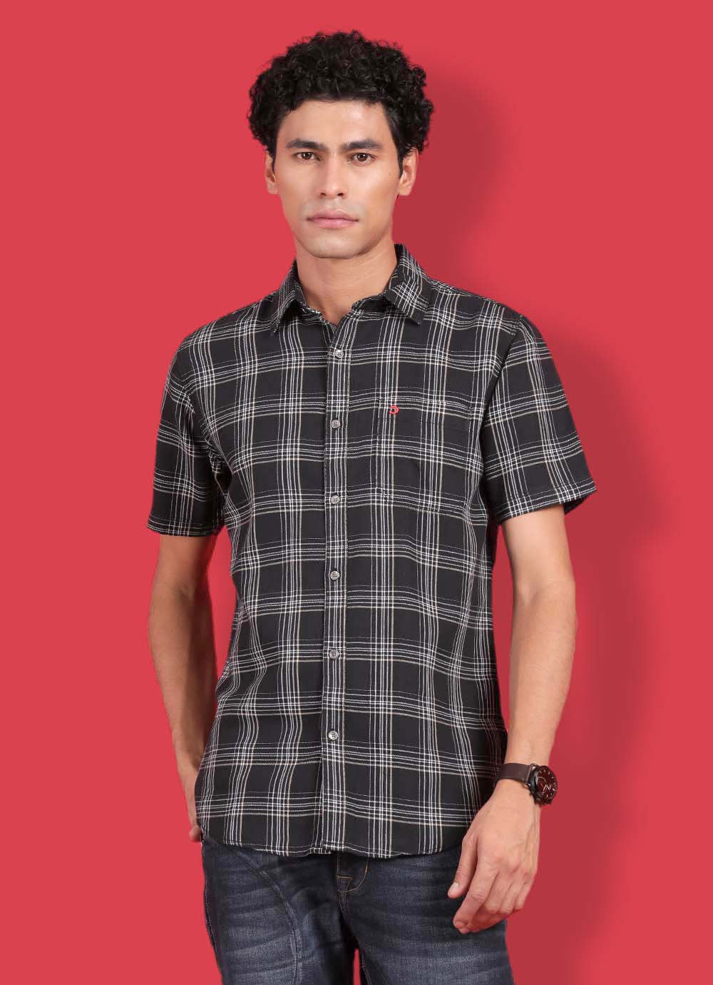 Black Denim Slim Fit Check Shirt