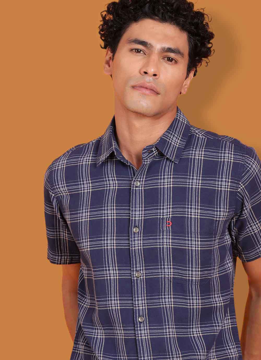Navy Denim Slim Fit Checkered Shirt With Patch Pocket