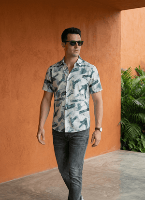 Blue Seersucker Print Cotton Slim Fit Half Sleeve Shirt