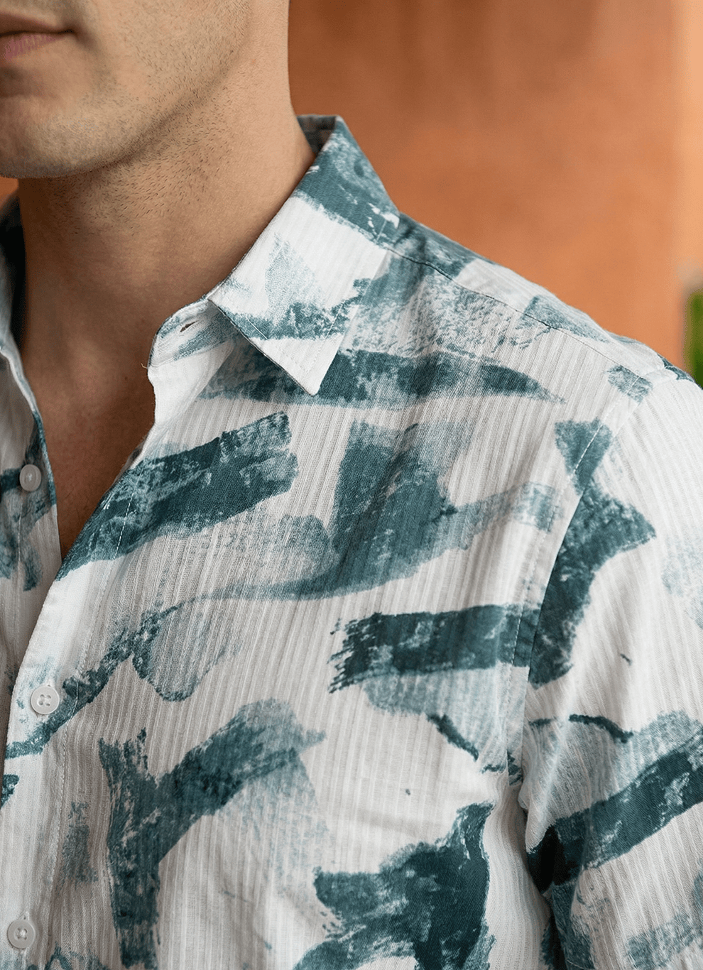 Blue Seersucker Print Cotton Slim Fit Half Sleeve Shirt