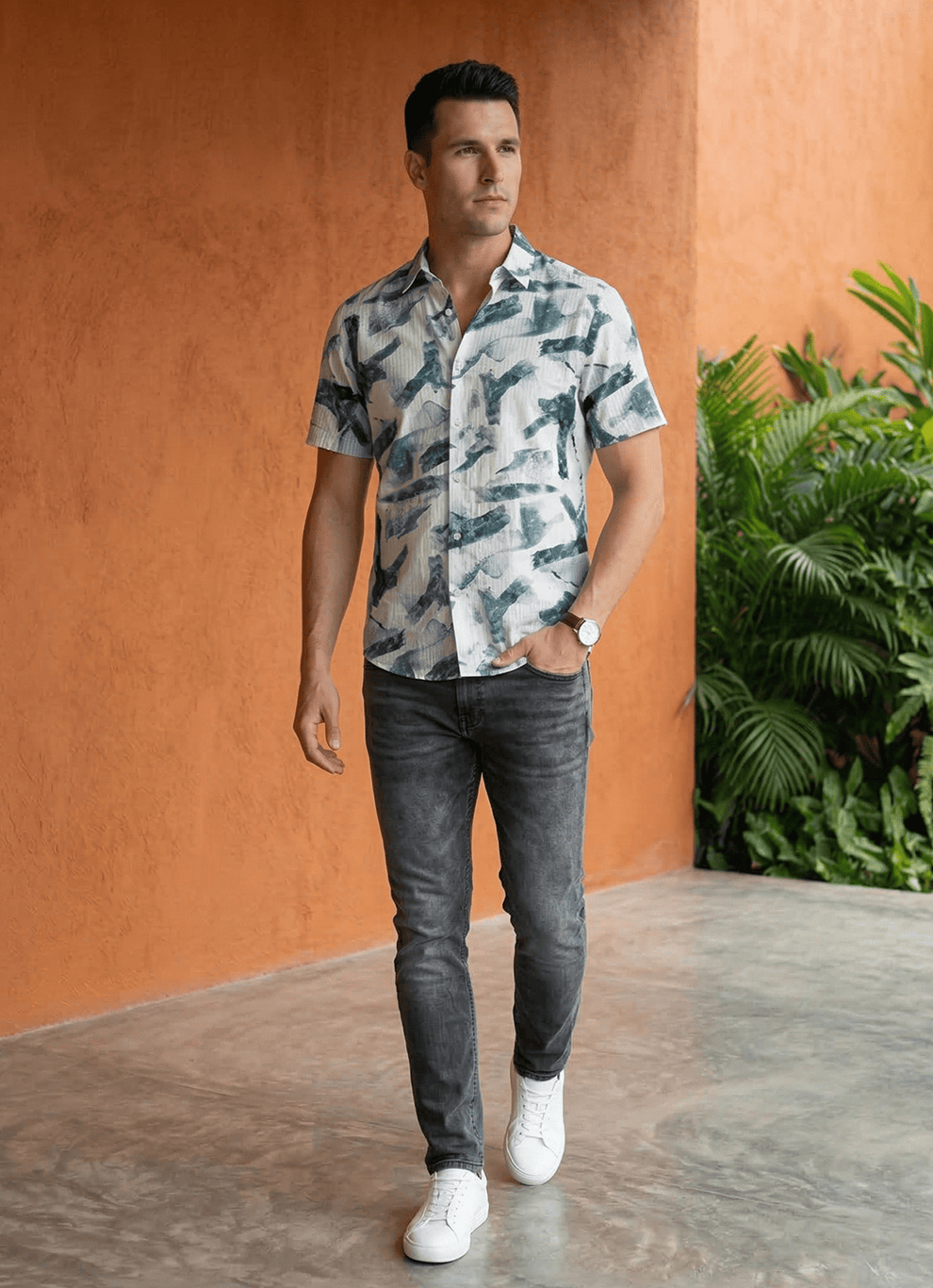 Blue Seersucker Print Cotton Slim Fit Half Sleeve Shirt