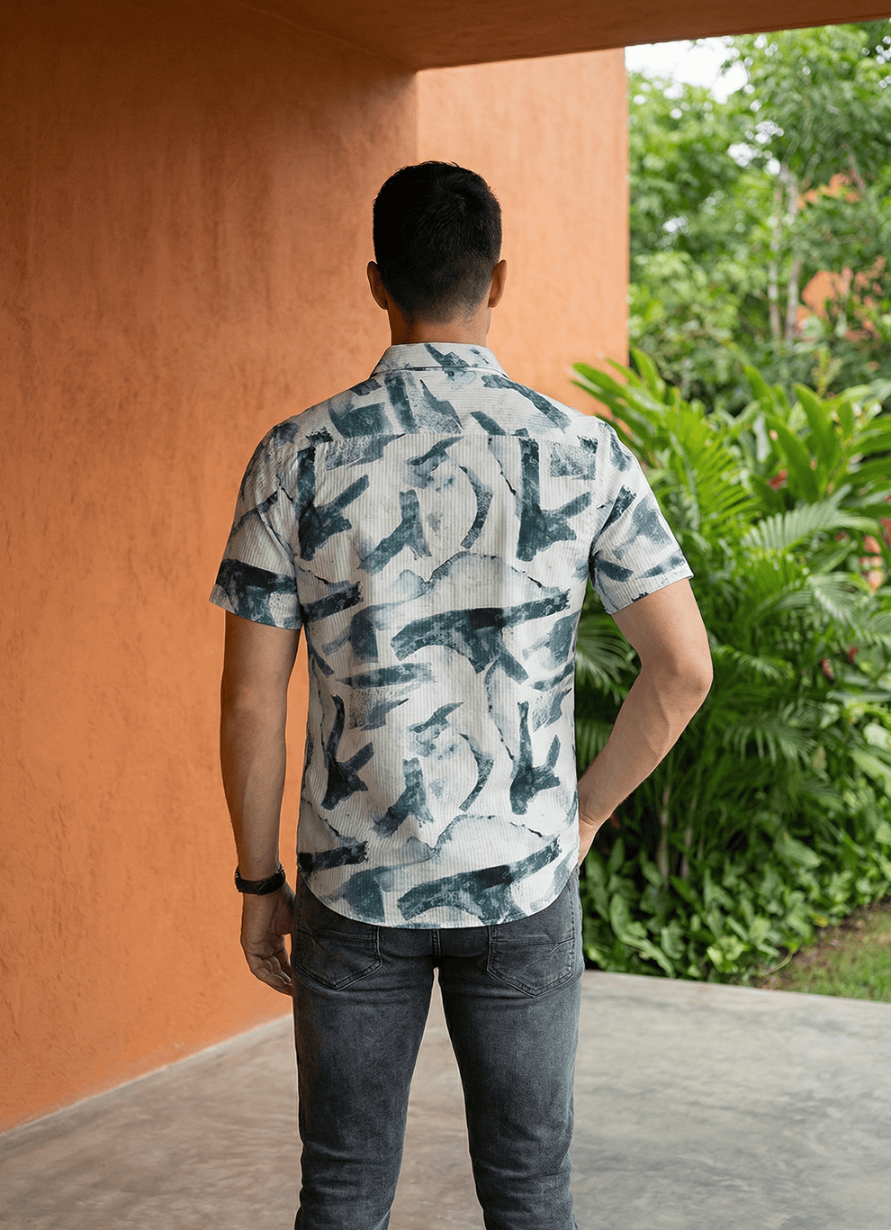Blue Seersucker Print Cotton Slim Fit Half Sleeve Shirt
