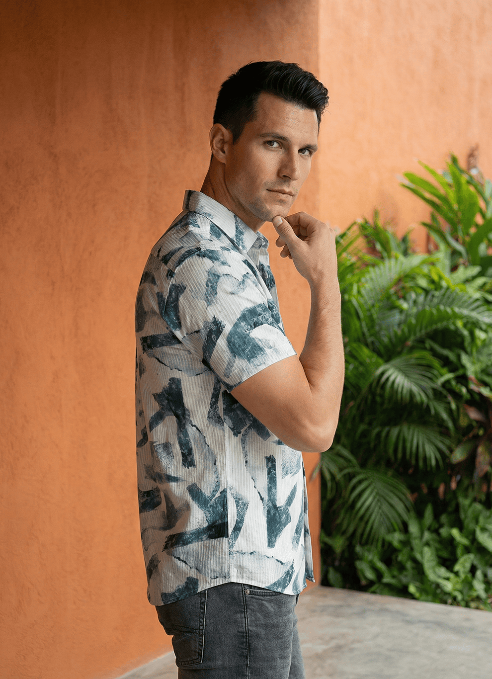 Blue Seersucker Print Cotton Slim Fit Half Sleeve Shirt