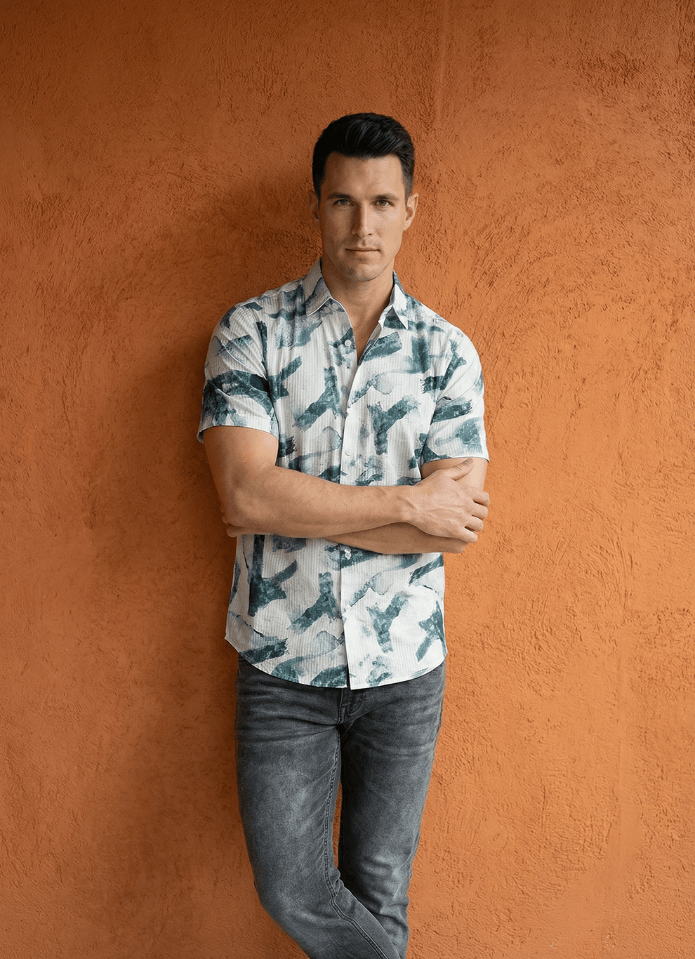 Blue Seersucker Print Cotton Slim Fit Half Sleeve Shirt