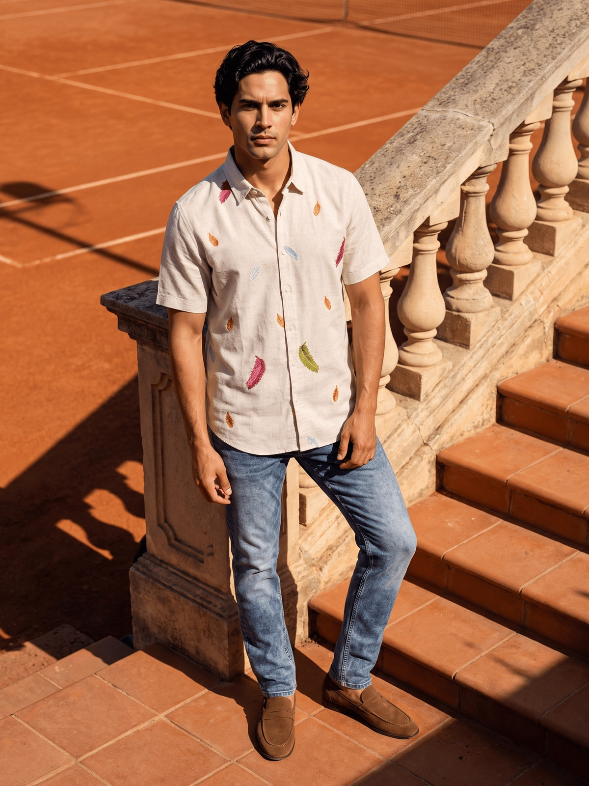 White Embroidered Cotton Slim Fit Half Sleeve Shirt