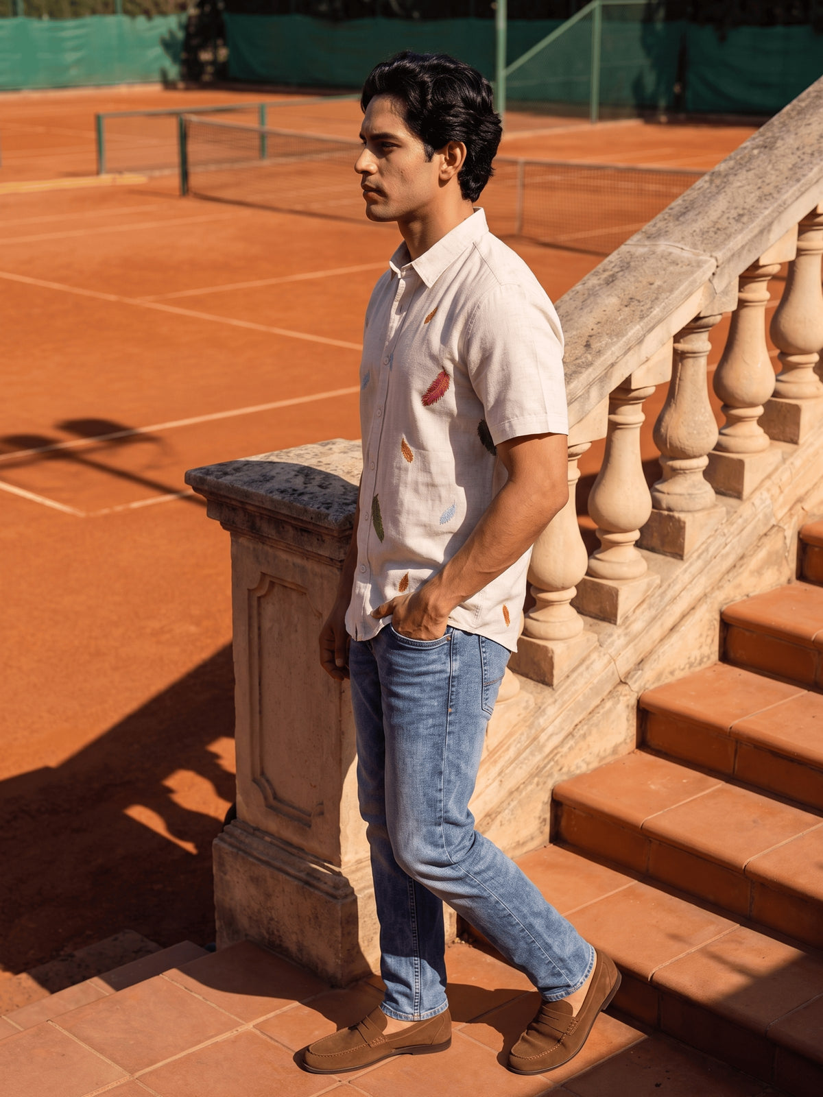 White Embroidered Cotton Slim Fit Half Sleeve Shirt