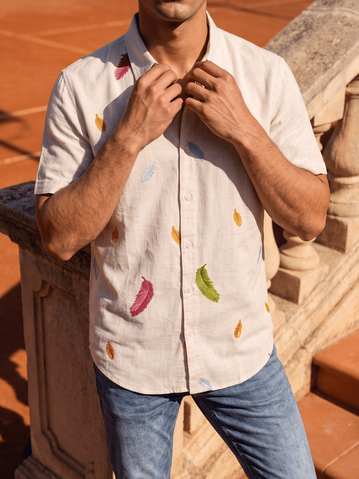 White Embroidered Cotton Slim Fit Half Sleeve Shirt