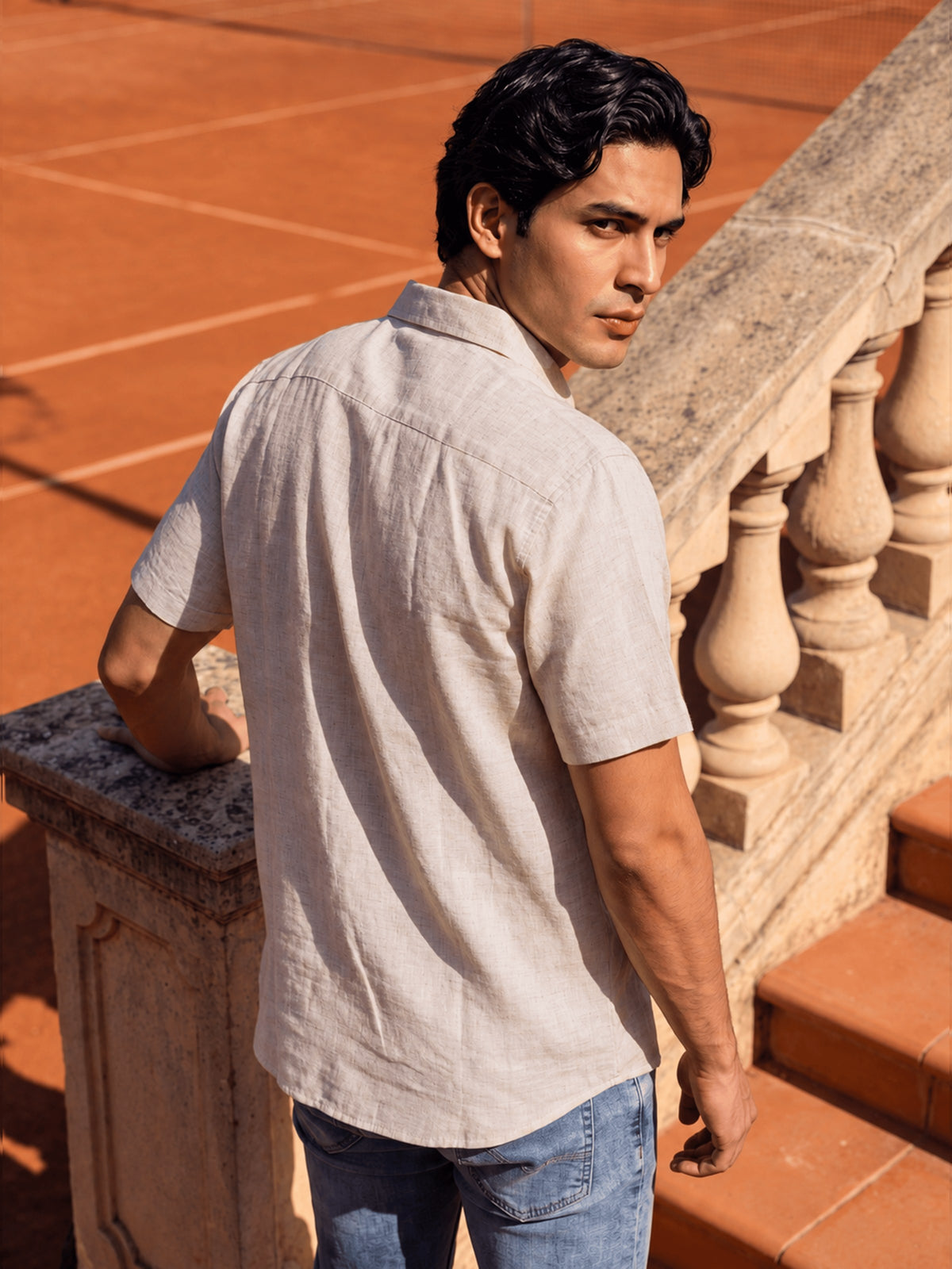White Embroidered Cotton Slim Fit Half Sleeve Shirt