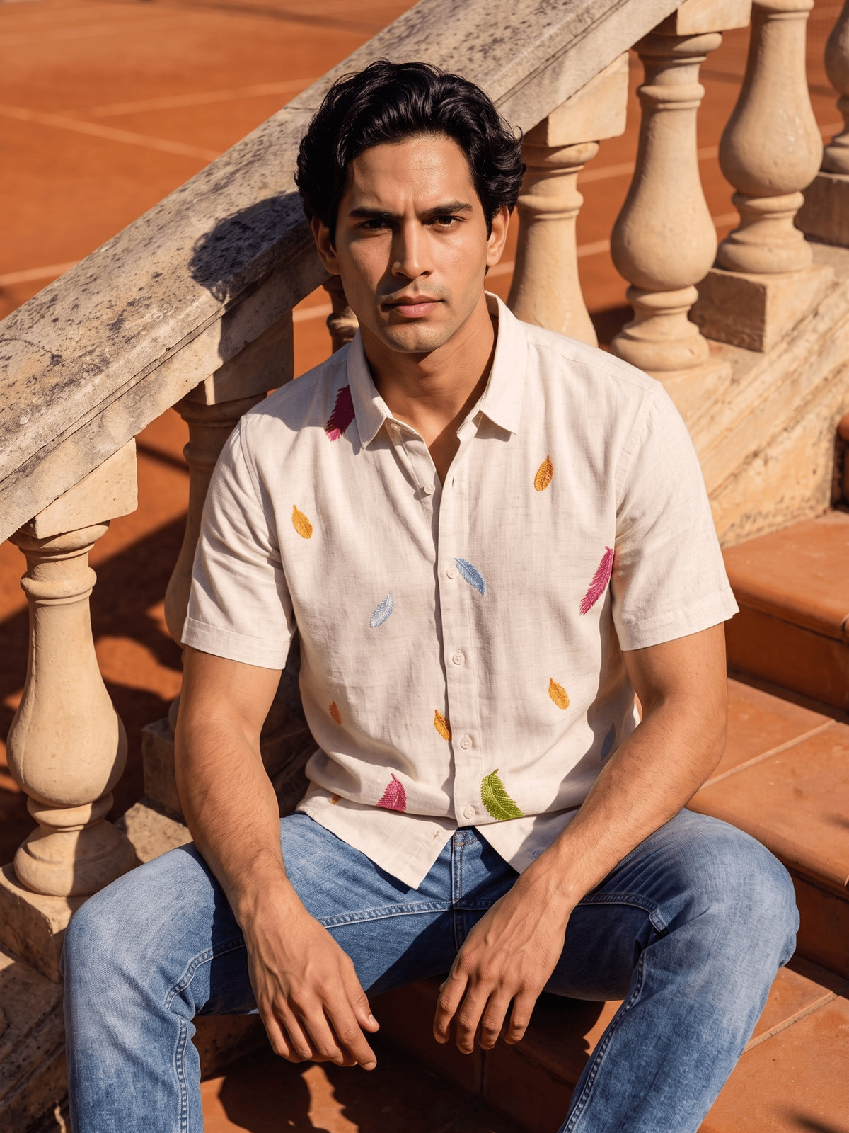 White Embroidered Cotton Slim Fit Half Sleeve Shirt