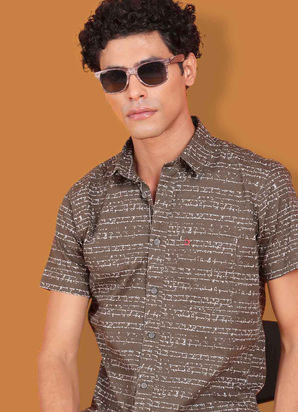 Olive Word Print Cotton Slim Fit Shirt