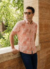 Coral Seersucker Print Cotton Slim Fit Half Sleeve Shirt