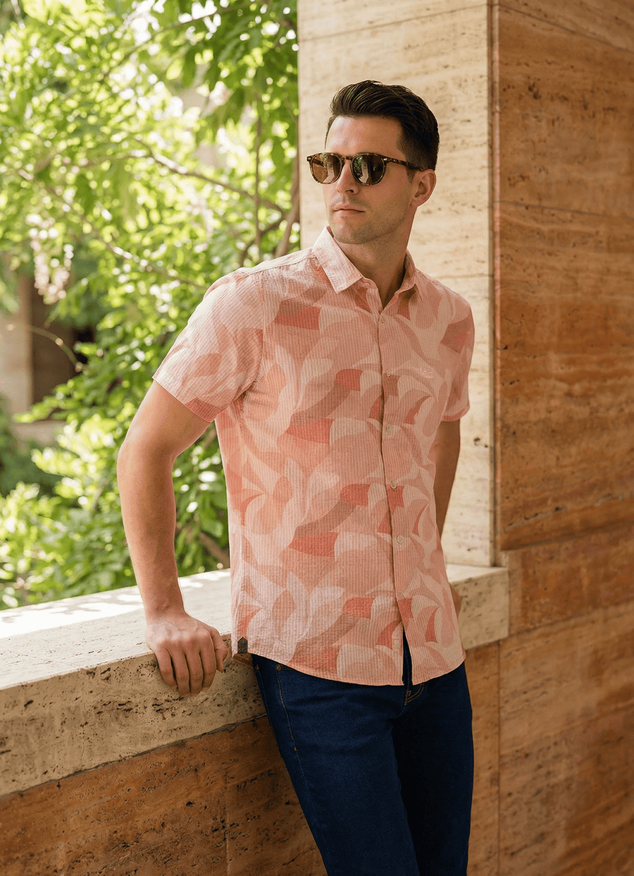 Coral Seersucker Print Cotton Slim Fit Half Sleeve Shirt