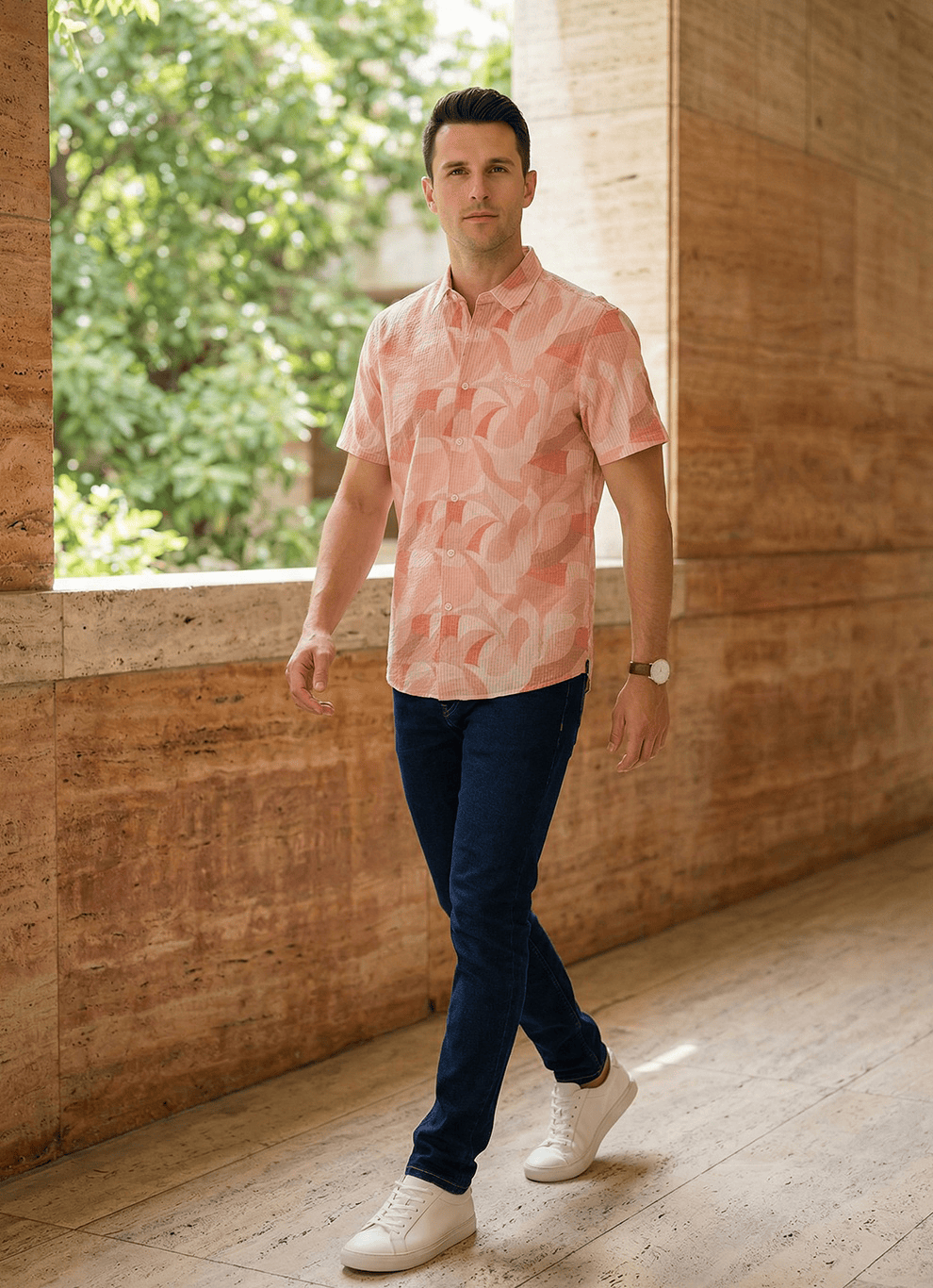 Coral Seersucker Print Cotton Slim Fit Half Sleeve Shirt