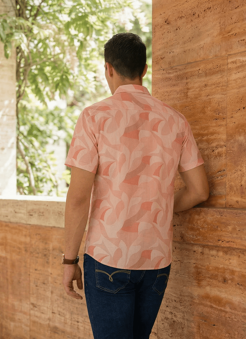 Coral Seersucker Print Cotton Slim Fit Half Sleeve Shirt