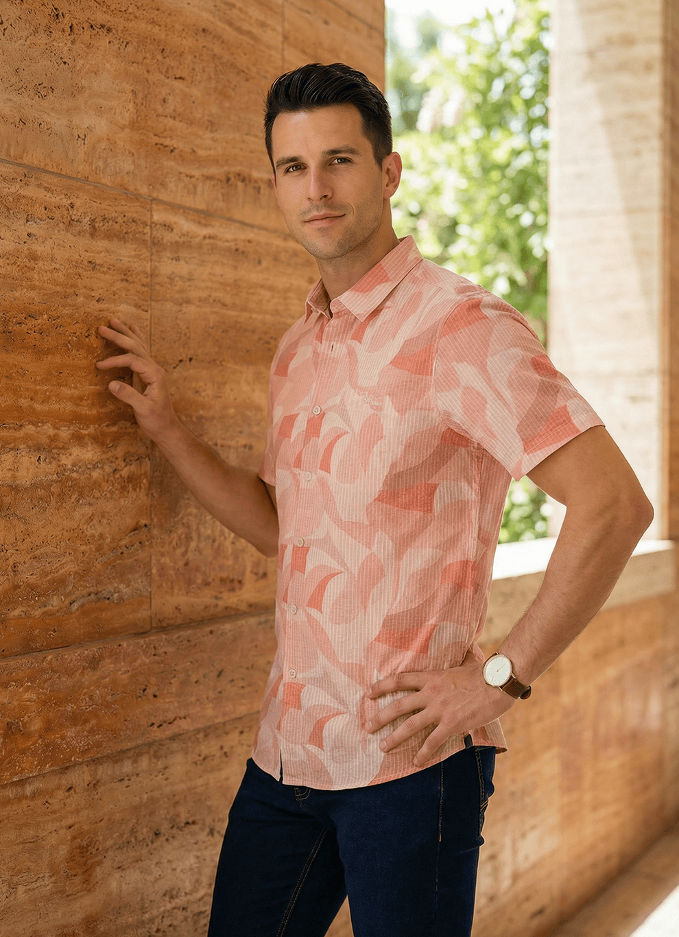 Coral Seersucker Print Cotton Slim Fit Half Sleeve Shirt