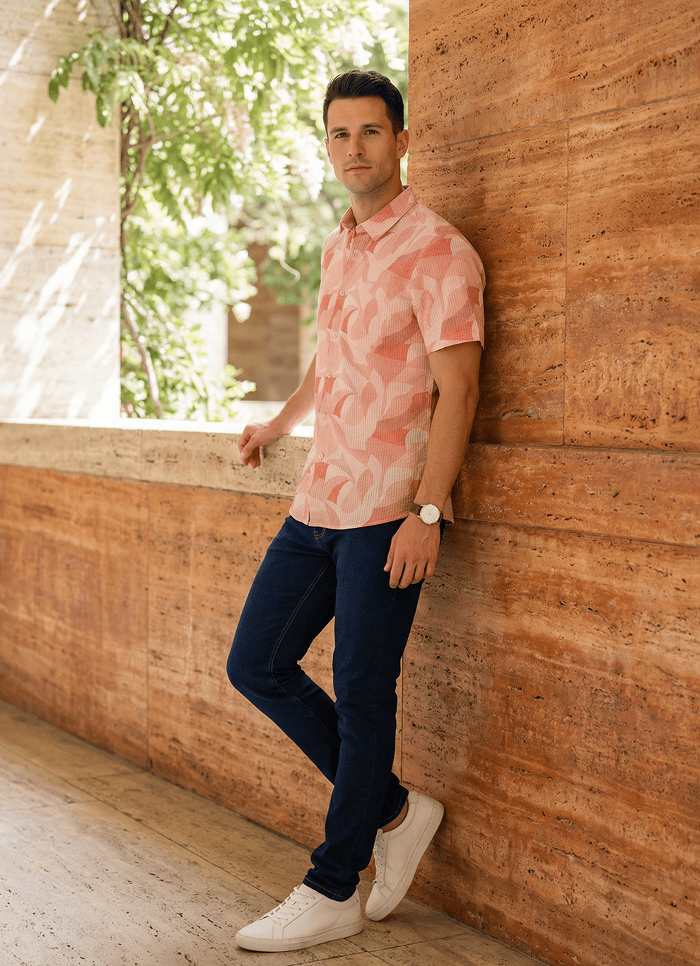 Coral Seersucker Print Cotton Slim Fit Half Sleeve Shirt
