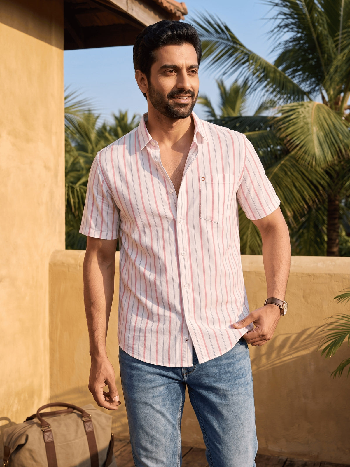 Pink Striped Cotton Slim Fit Half Sleeve Shirt