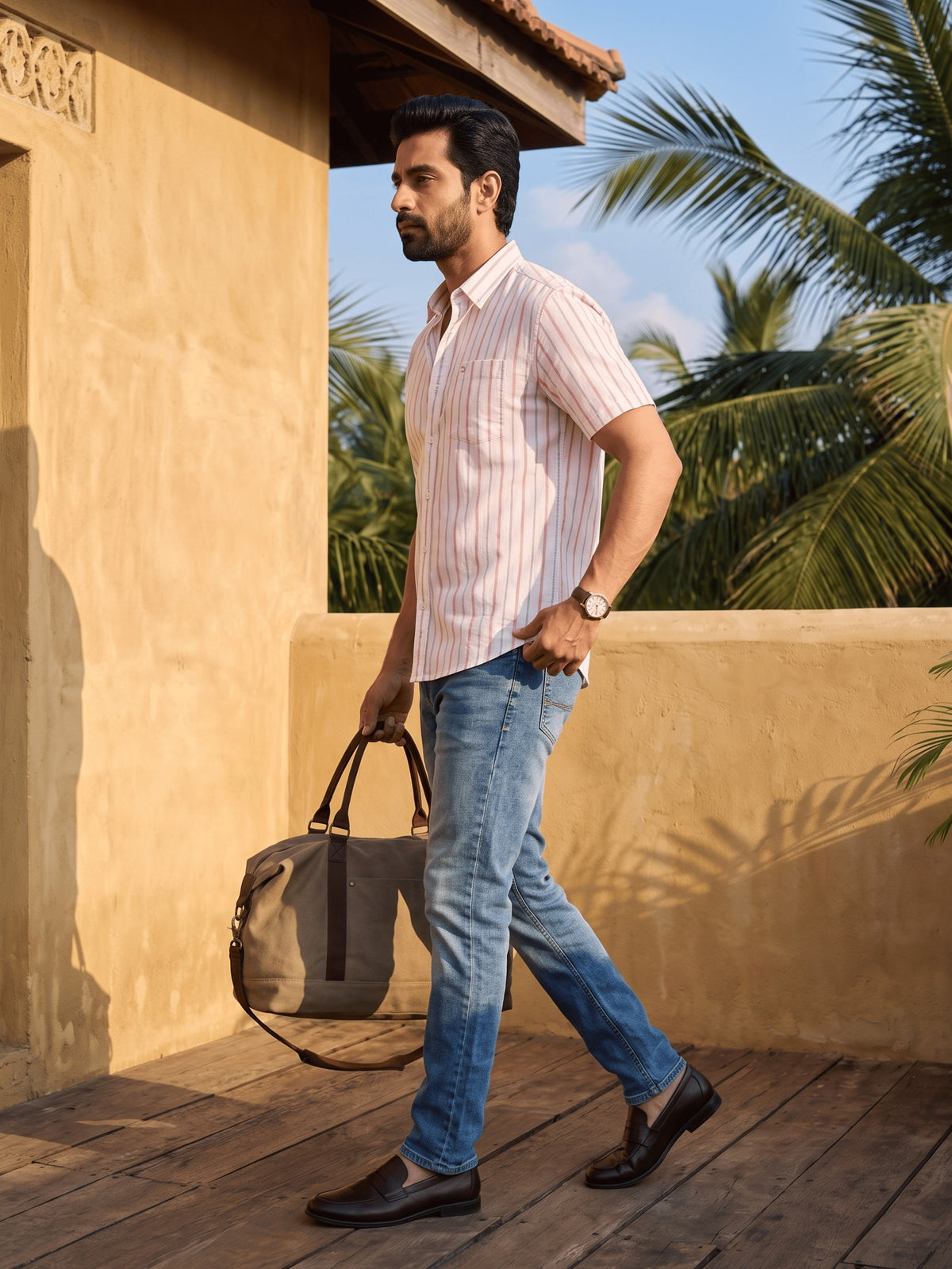 Pink Striped Cotton Slim Fit Half Sleeve Shirt