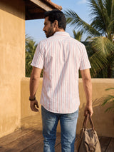 Pink Striped Cotton Slim Fit Half Sleeve Shirt