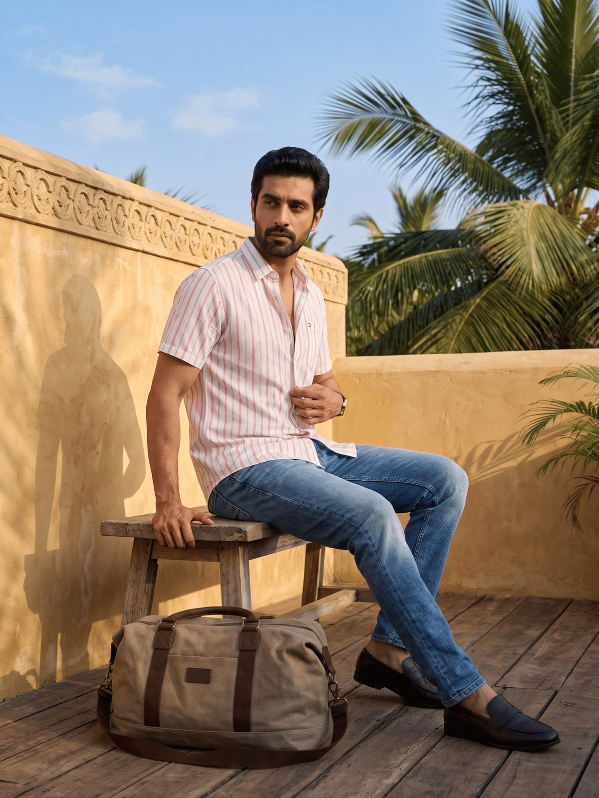 Pink Striped Cotton Slim Fit Half Sleeve Shirt