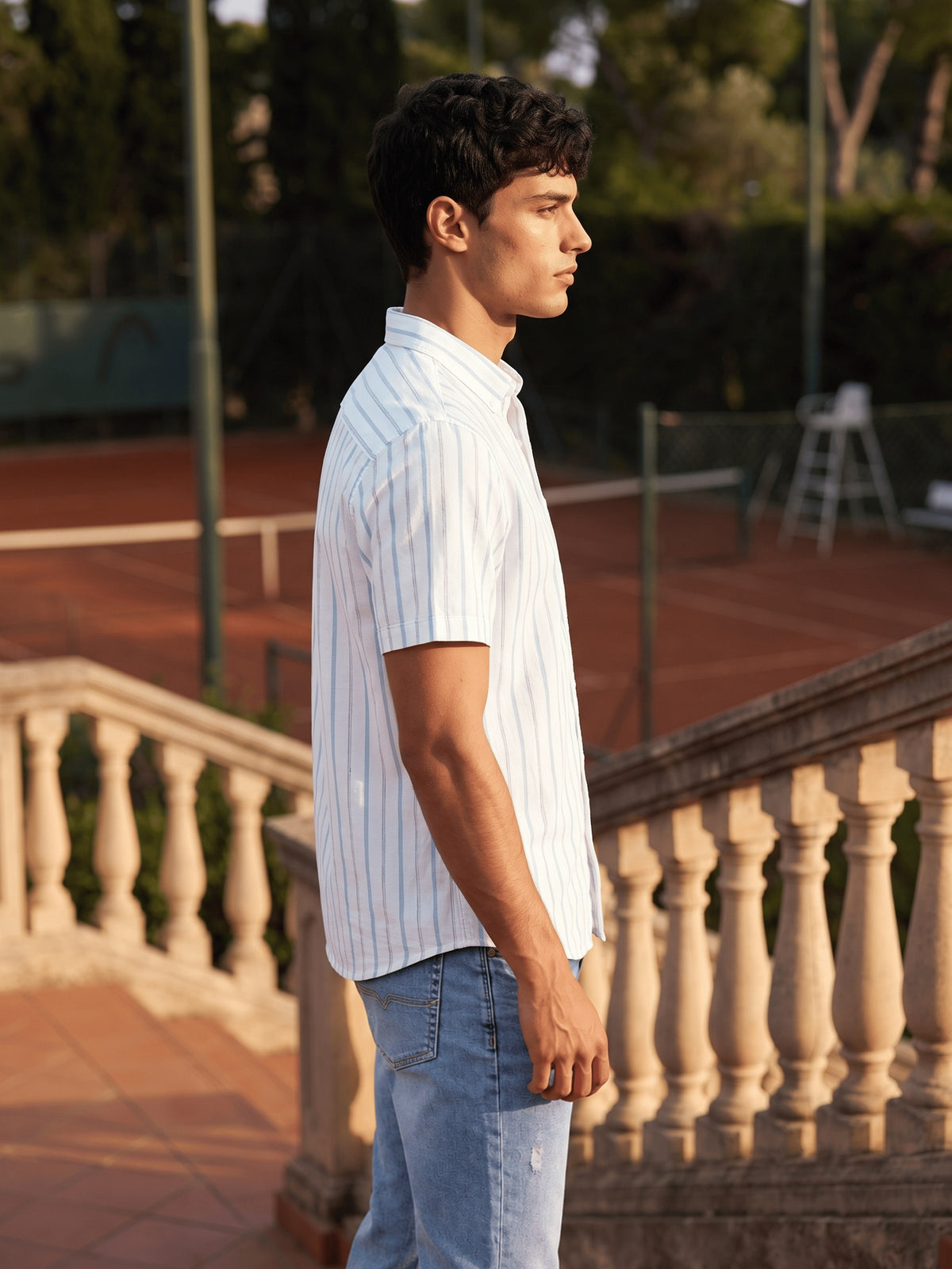 Sky Blue Striped Cotton Slim Fit Half Sleeve Shirt