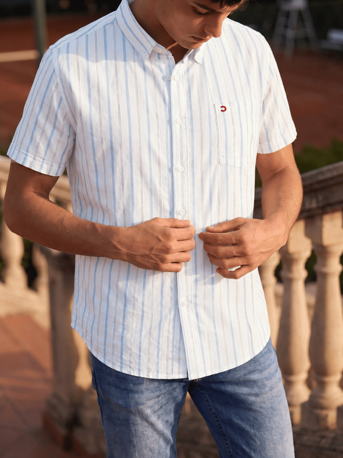 Sky Blue Striped Cotton Slim Fit Half Sleeve Shirt