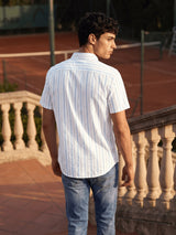Sky Blue Striped Cotton Slim Fit Half Sleeve Shirt