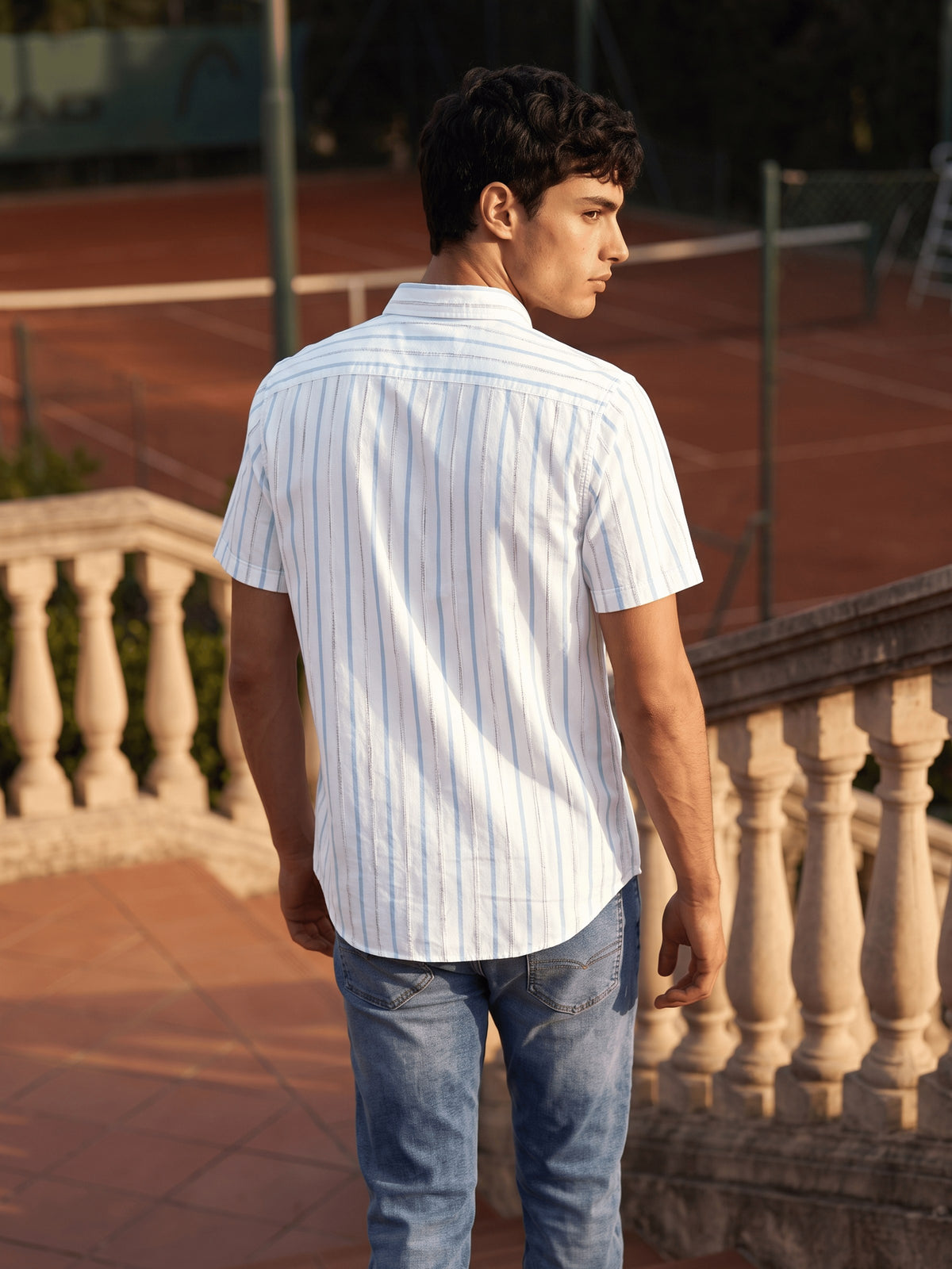 Sky Blue Striped Cotton Slim Fit Half Sleeve Shirt