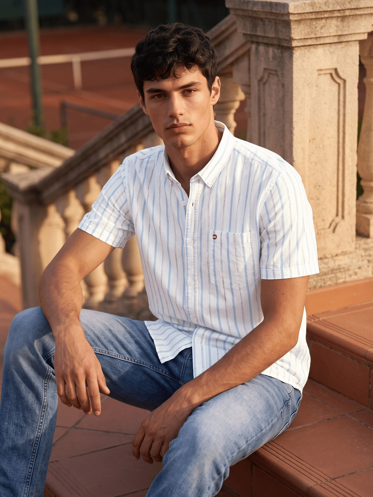 Sky Blue Striped Cotton Slim Fit Half Sleeve Shirt