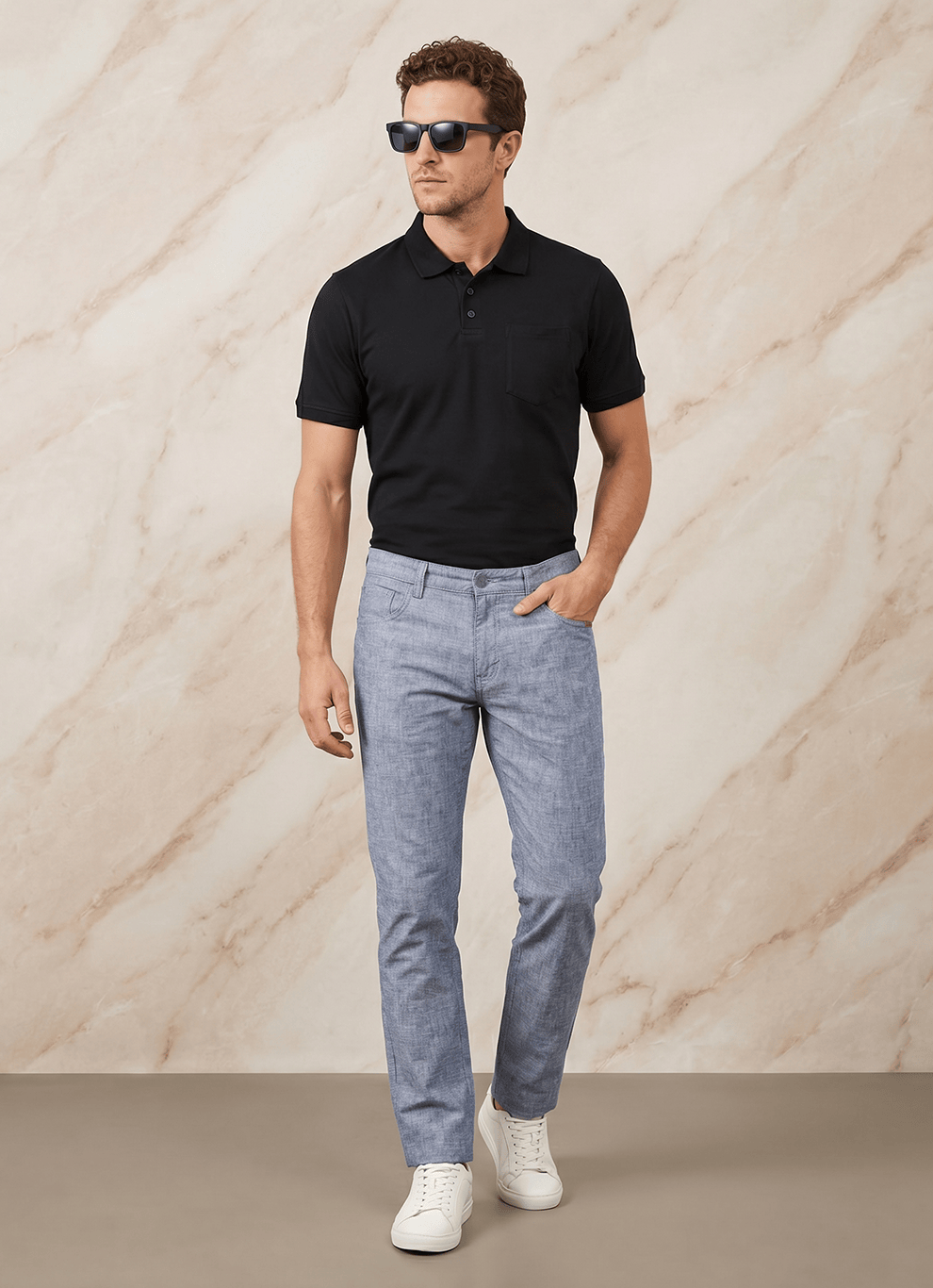 Blue Cotton Poly Relaxed Fit Trouser