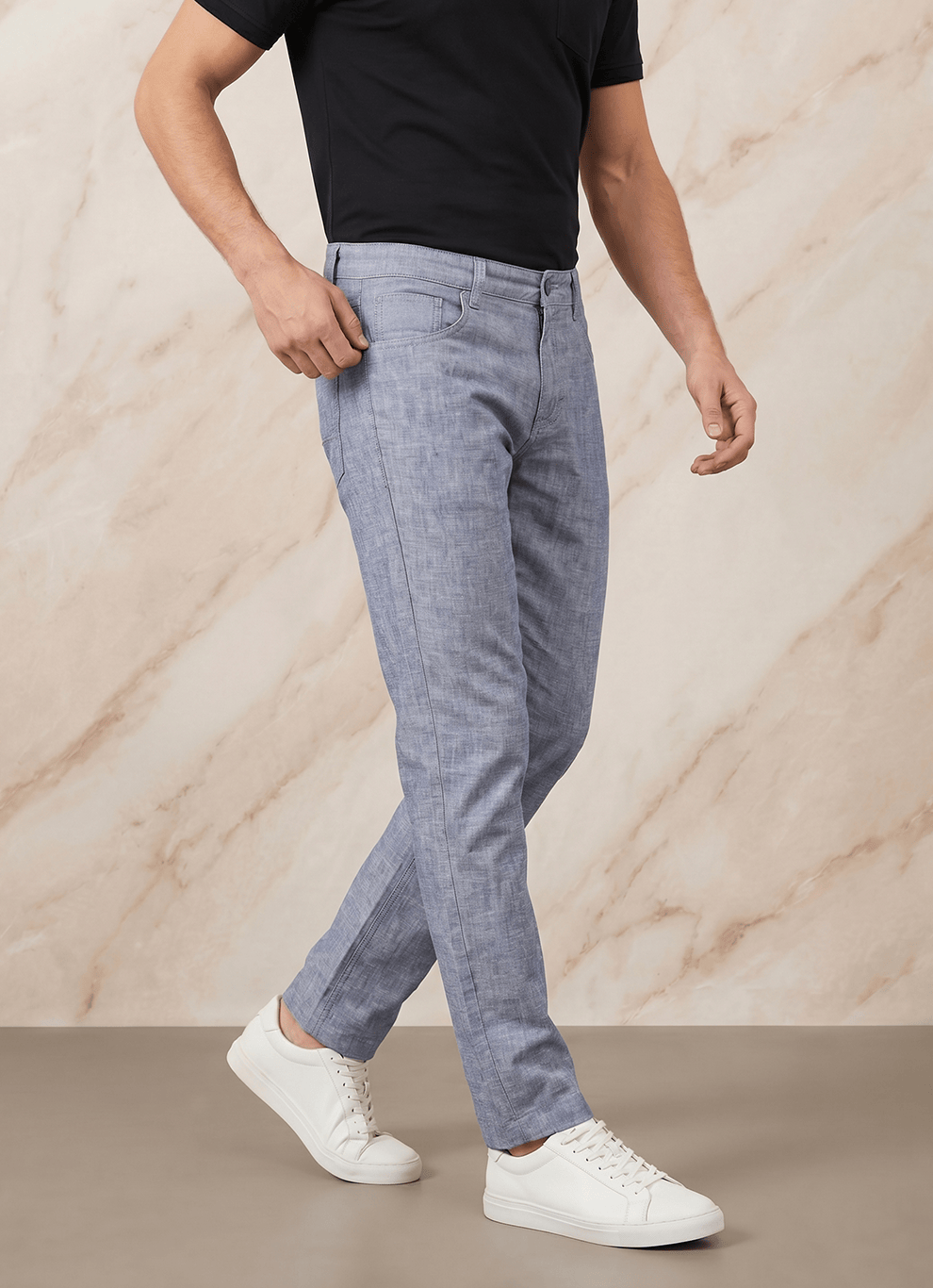 Blue Cotton Poly Relaxed Fit Trouser
