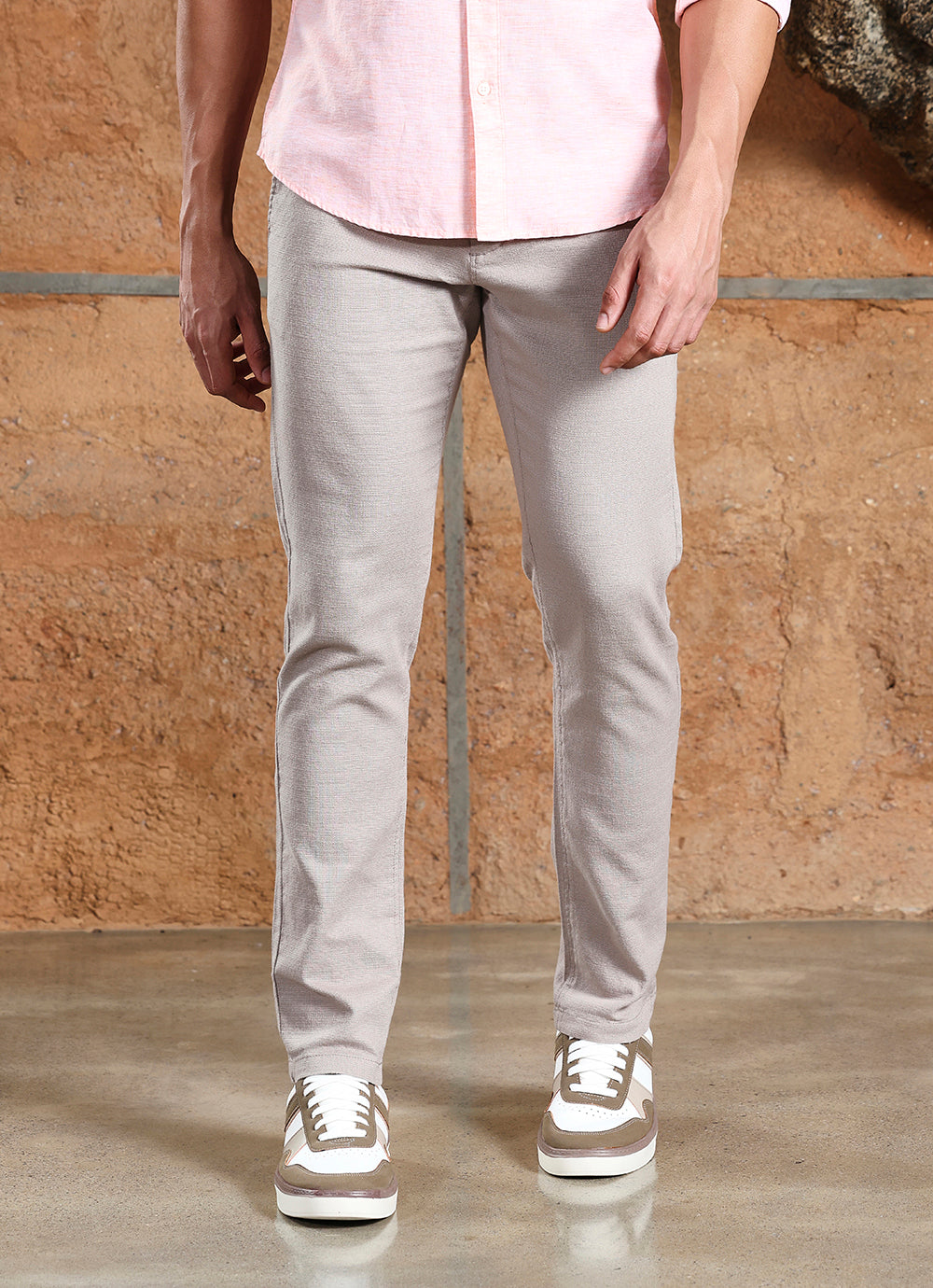 Beige  Cotton Slub Slim Fit Trouser