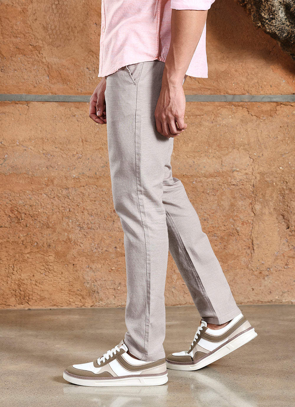 Beige  Cotton Slub Slim Fit Trouser