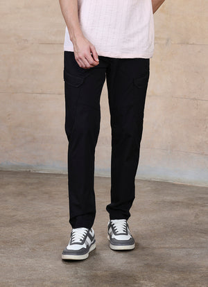 Black Cotton Blend Slim Fit Cargo