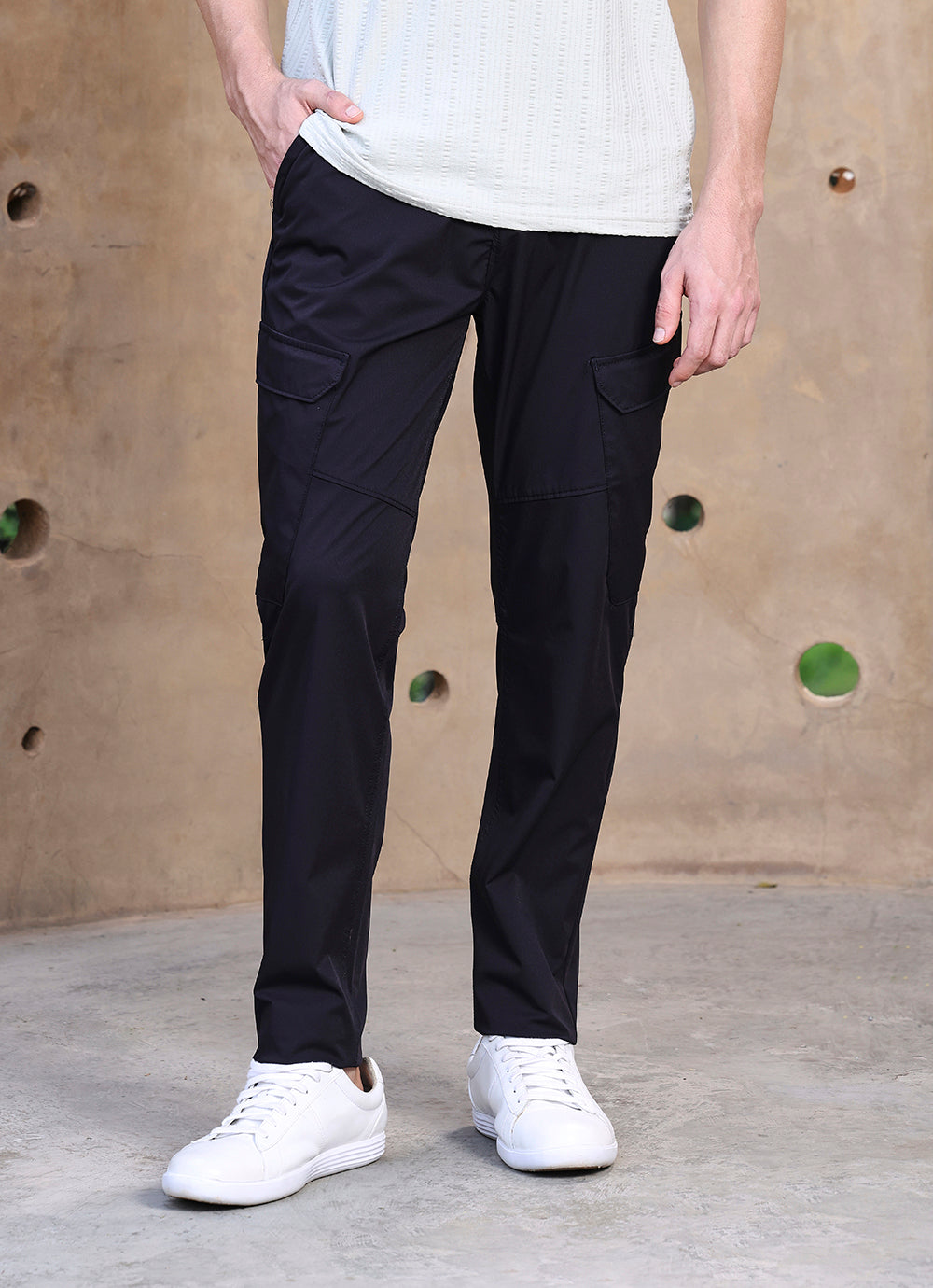 Navy  Cotton Blend Slim Fit Cargo