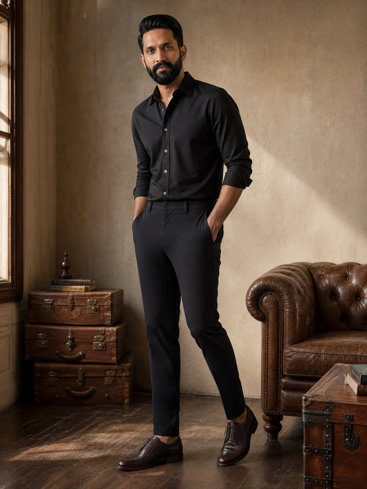 Black Cotton Stretch Slim Fit Trouser